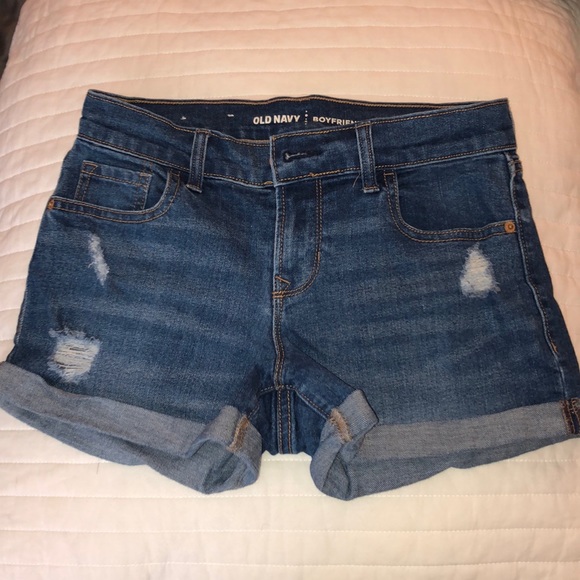 dark blue ripped denim shorts